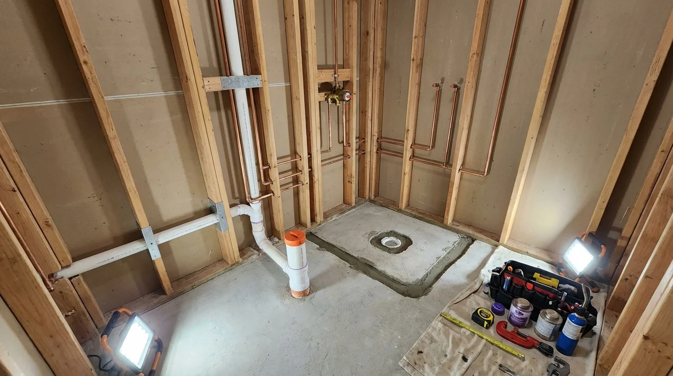 Bathroom rough-in plumbing during remodel by Johns Plumbing LLC in Lindale