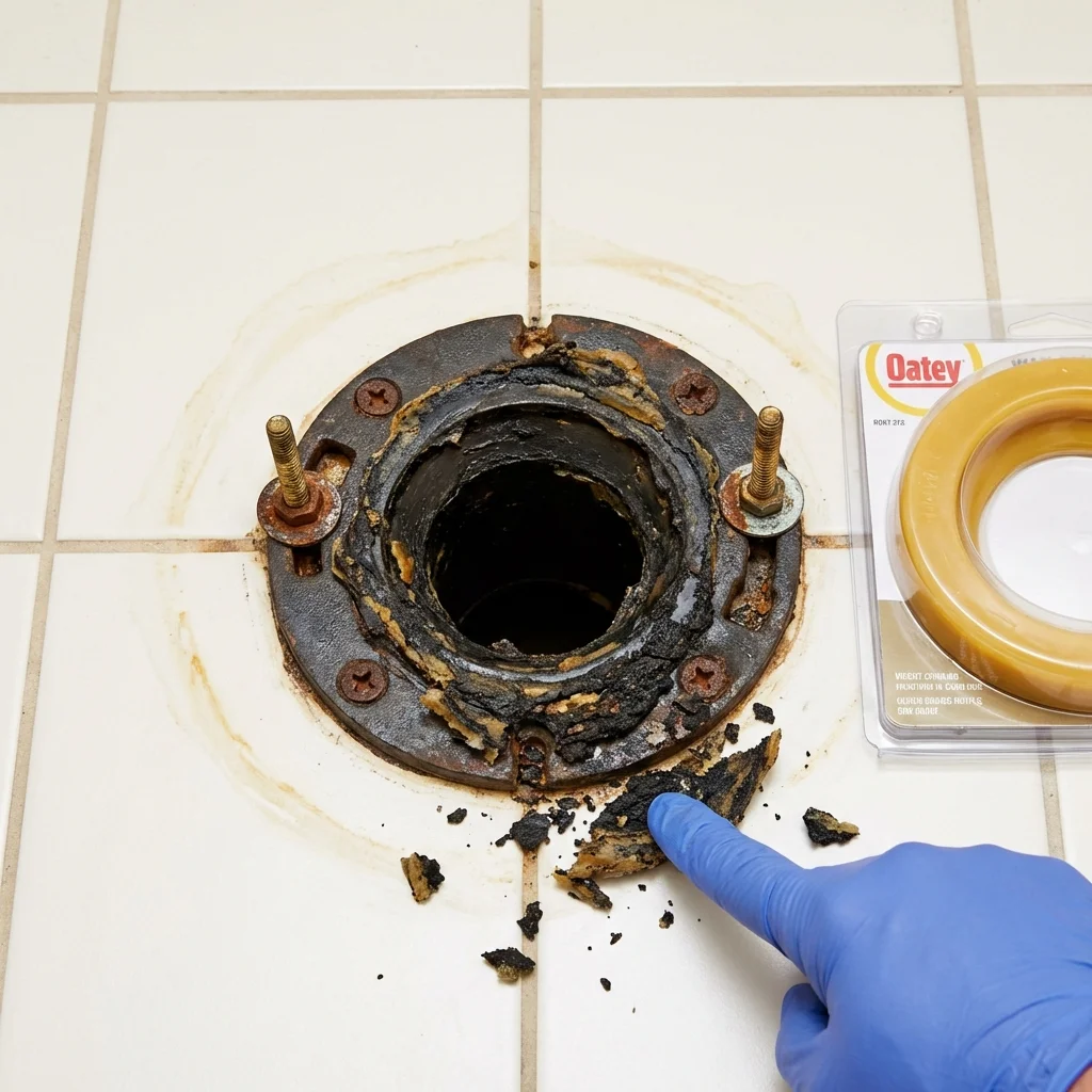 Failed wax ring showing water seepage at the base of a toilet in a Lindale, TX home