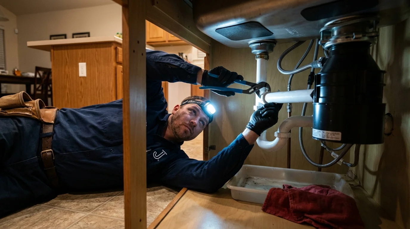 P-trap and supply line connections under a kitchen sink showing a common leak point in Lindale, TX